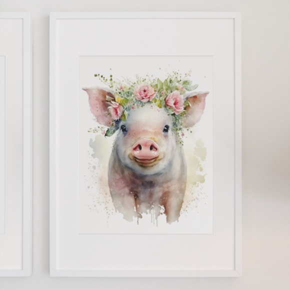 Watercolor Cute Floral Farm Pig Wall Art Illustration Print Poster Unframed - Picture 6 of 7